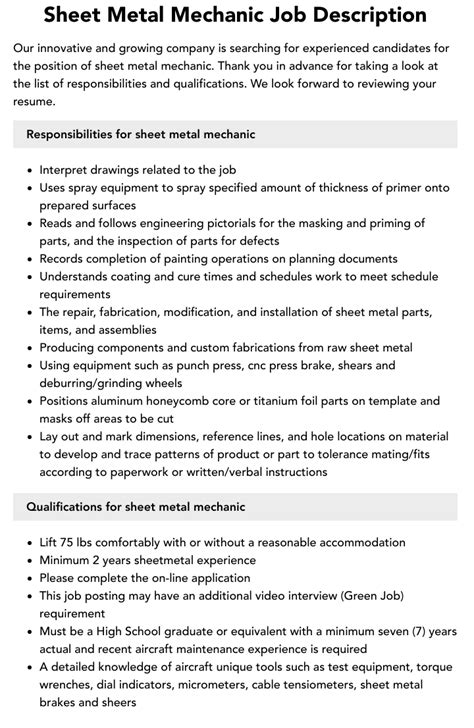 hvac sheet metal job description|sheet metal technician job description.